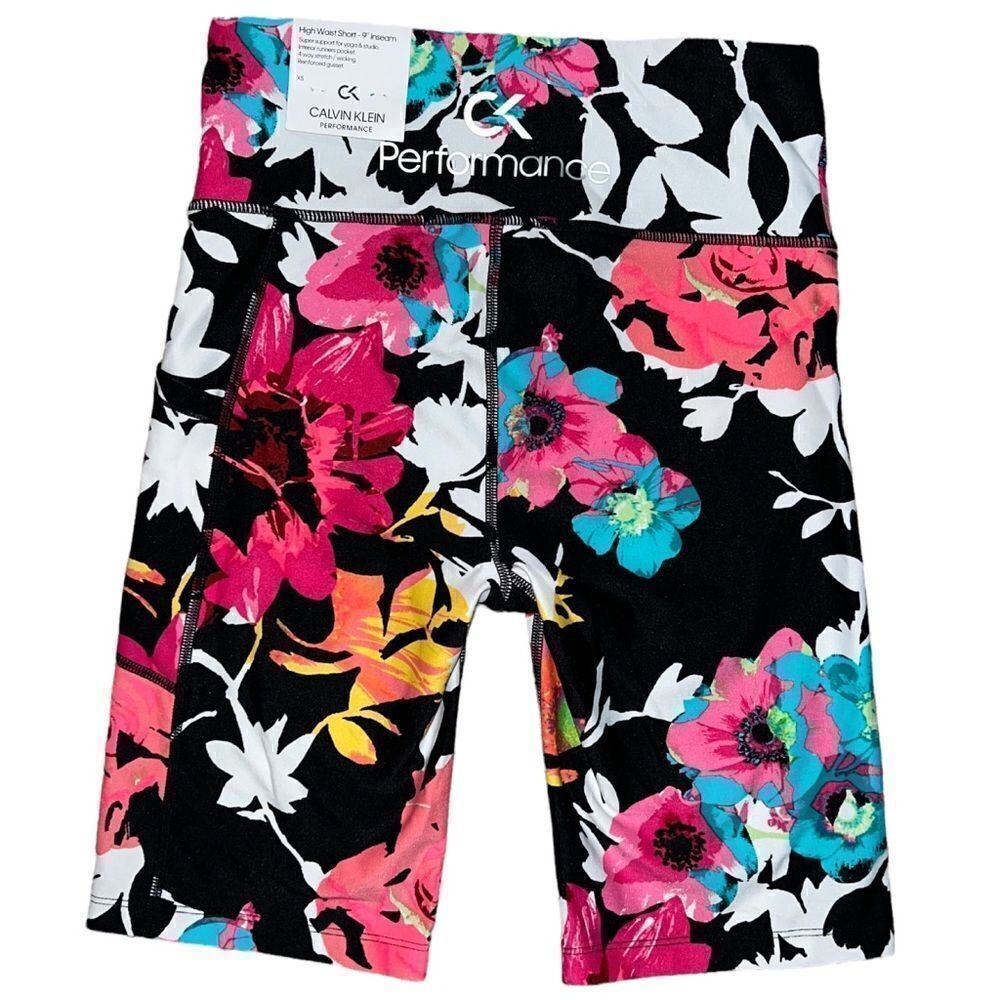 Calvin Klein Performance Black Floral Printed High Waist Bike Shorts XS NWT - Picture 3 of 6